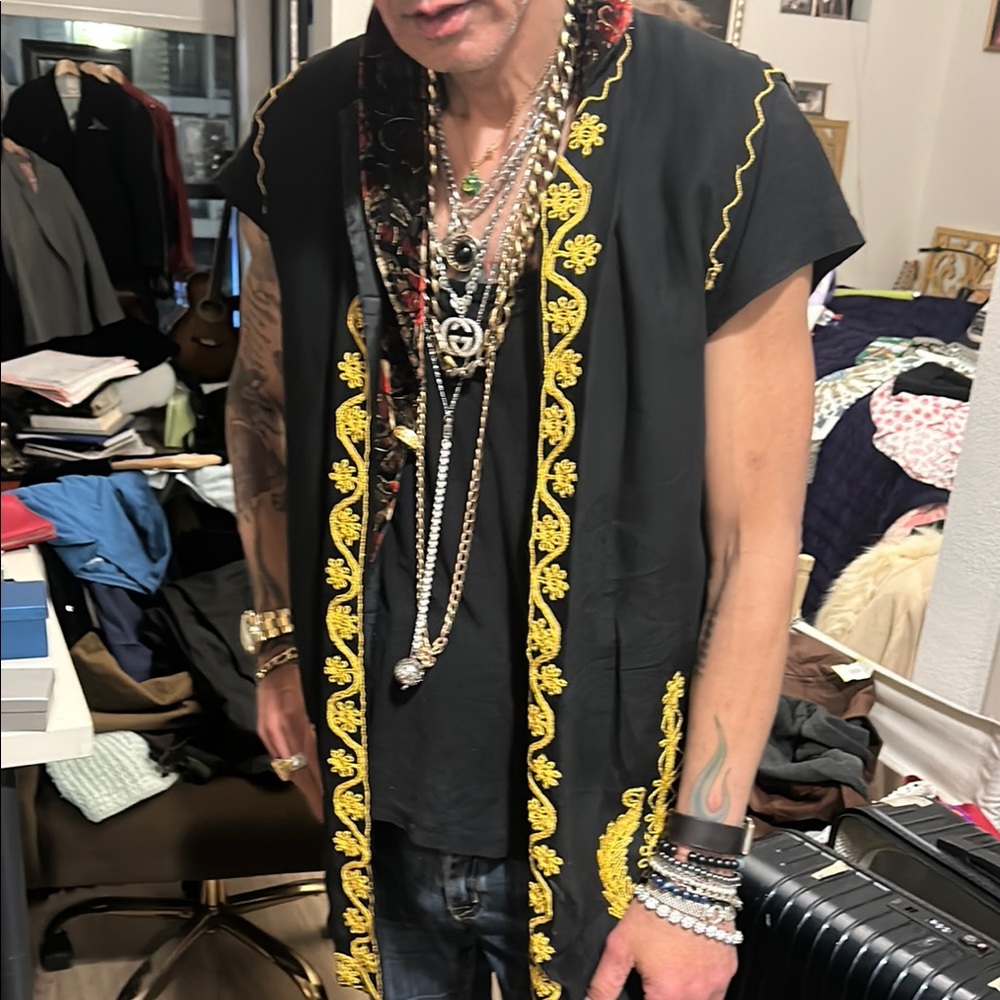 Jimi Hendrix style Black and Gold Embroidered Men's sleeveless long coat